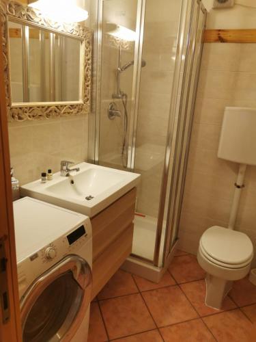 a bathroom with a sink and a washing machine at Val di Sole Holidays in Folgarida