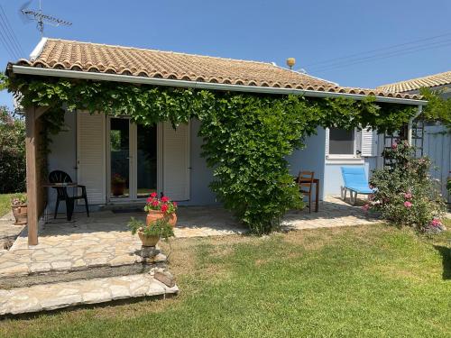 une maison avec une pergola et une terrasse dans l'établissement Little Blue House, à Sidari