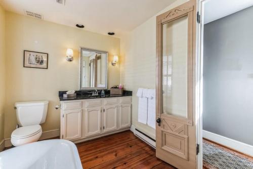 a bathroom with a toilet and a sink and a mirror at Historic Petersburg Row Home in Petersburg
