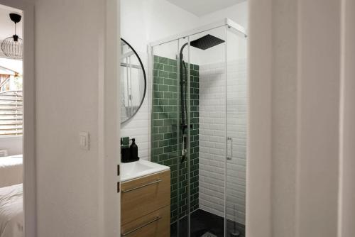 une salle de bain avec une douche avec un lavabo et un miroir dans l'établissement The Family Home, à Carcassonne