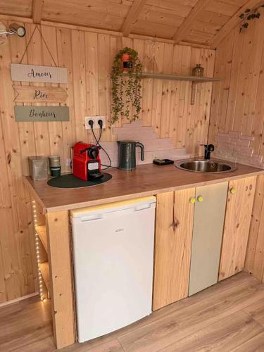 - une cuisine avec un comptoir et un évier dans une cabine dans l'établissement Roulotte „couleur“, à Condom