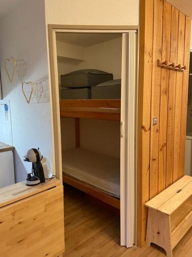 Cette chambre comprend un placard en bois avec des lits superposés. dans l'établissement La Foux d'Allos - Studio 4 couchages - centre station, à Allos