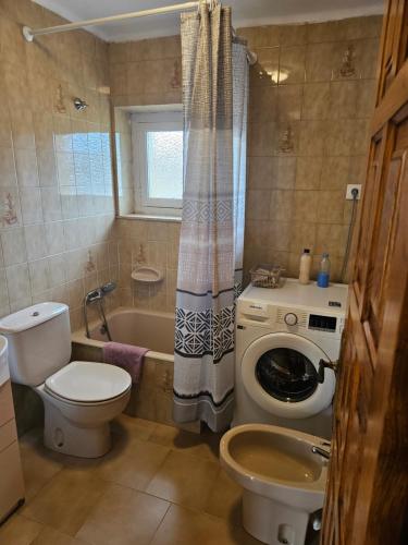 uma casa de banho com um WC e uma banheira em Apartamento rural em Pravia