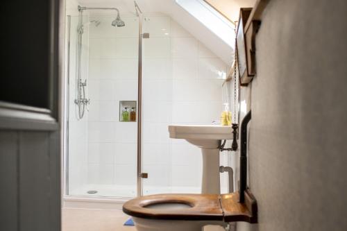 a bathroom with a toilet and a shower and a sink at Duxey Cottage in Thornton Steward