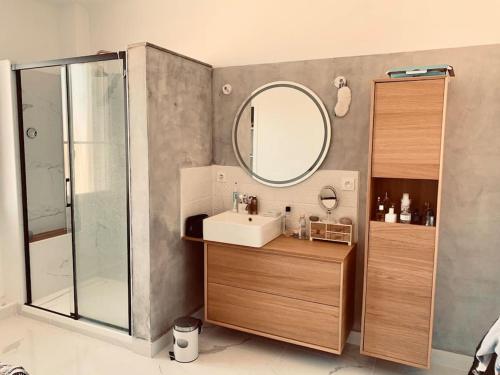 une salle de bain avec un lavabo et un miroir dans l'établissement Grand T3 Fréjus base nature, à Fréjus