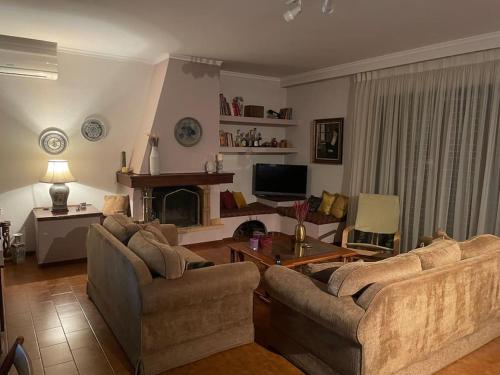 sala de estar con 2 sofás y chimenea en Maria's Apartment, Selianitika, en Selianitika