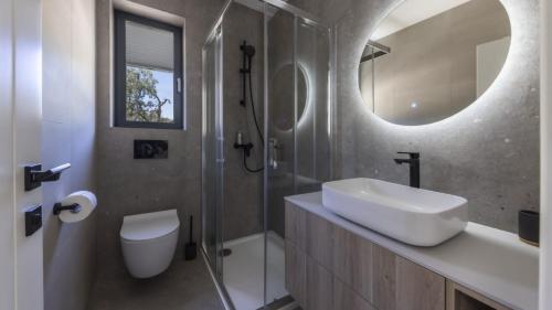 a bathroom with a sink and a toilet and a mirror at Mare Solis Pinea in Mali Lošinj