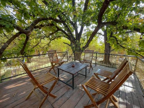 three chairs and a table on a deck with a tree at Pench Wilderness Camp Resort in Khawāsa