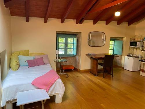 1 dormitorio con cama, escritorio y cocina en Casa A Canella, en Sobreira