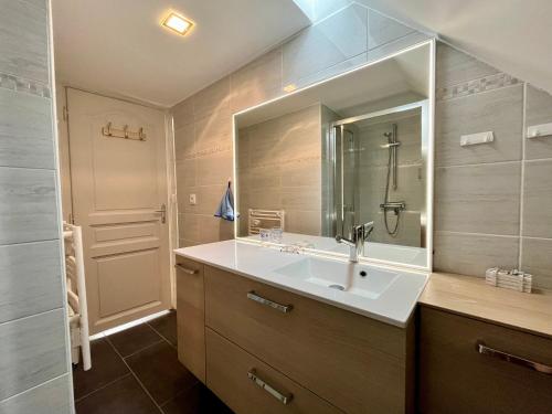 W łazience znajduje się umywalka i lustro. w obiekcie COC - Les Sables Blancs w mieście Wissant