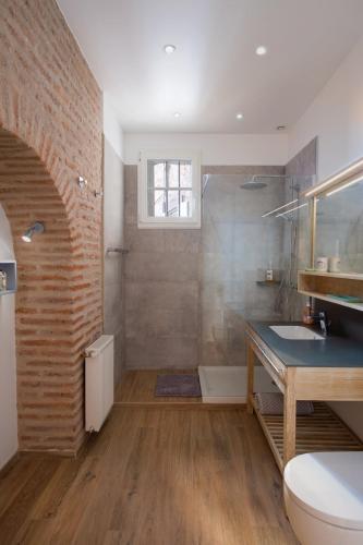 une salle de bain avec un lavabo et une douche dans l'établissement Appartement d'exception au pied de la cathédrale, à Albi