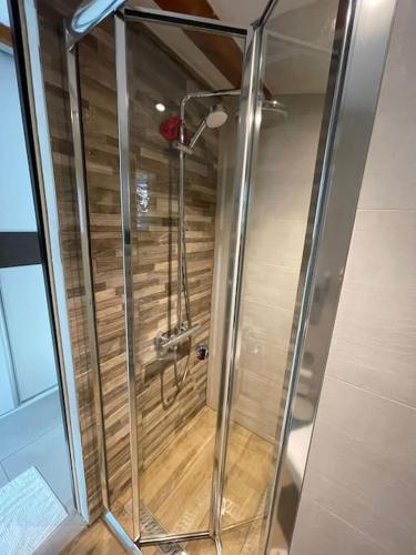 Cette chambre dispose de parquet et d'une douche en verre. dans l'établissement Charming Villa with pool, close to city center, à Aix-en-Provence