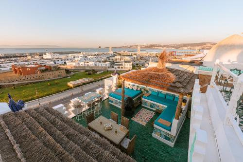 an aerial view of a resort with a pool at Riad Villa with Mediterranean Sea Views of Spain and Gibraltar in Tangier