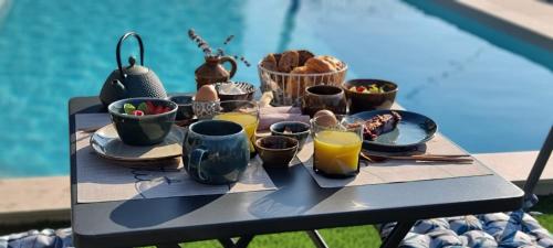een dienblad met eten op een tafel naast een zwembad bij Le Refuge du Montagnard in Marthod
