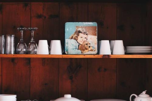 a shelf with a picture of a girl with a dog at Groenvlei Cottage in Porterville