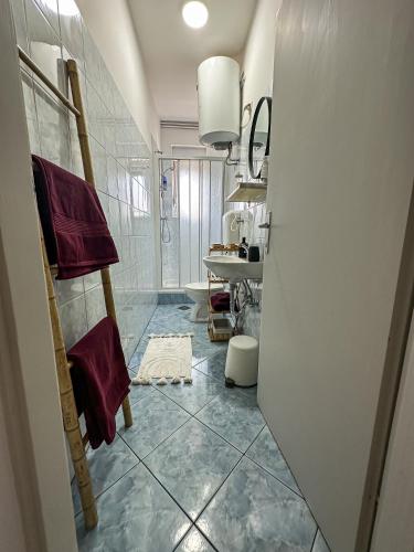 a bathroom with a toilet and a sink and a mirror at Apartments Dent in Umag