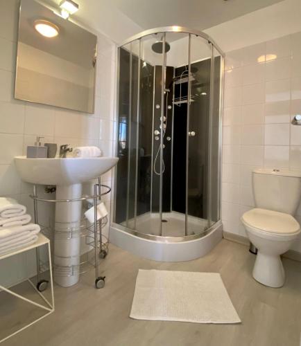 une salle de bain avec une douche, un lavabo et des toilettes dans l'établissement Appartements Pech Mary, à Carcassonne