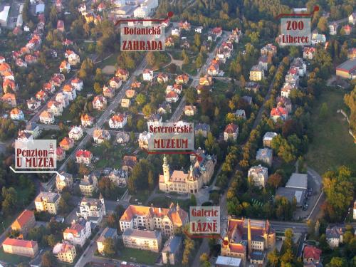 an aerial view of a small town with houses at Wellness Penzion U Muzea in Liberec