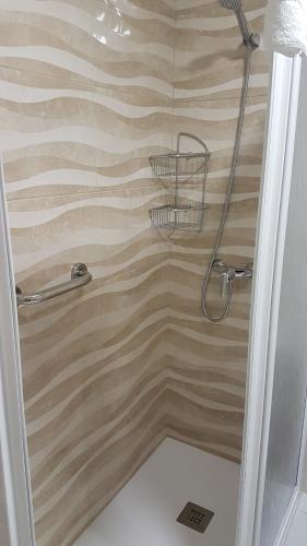 a bathroom with a shower with a wooden wall at Hotel Punta Seame in Portonovo