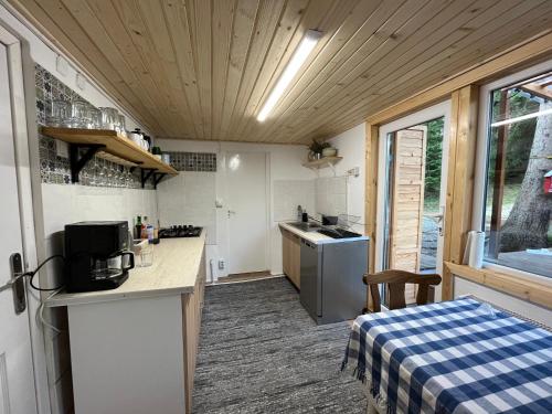 - une petite cuisine avec une table et un comptoir dans l'établissement Cosy wooden house in the heart of Apuseni., à Beliş