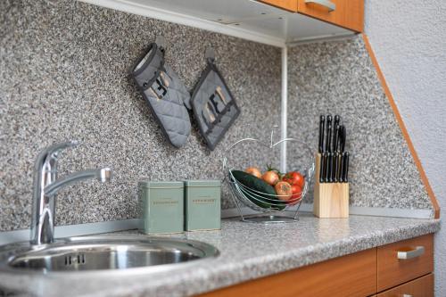 a kitchen counter with a sink and a bowl of fruit at Villa Meri in Gabonjin