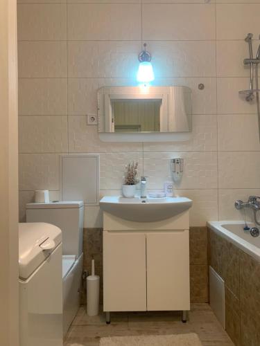 uma casa de banho com um lavatório, um WC e um espelho. em Квартал em Khmelʼnytsʼkyy