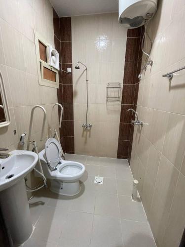 uma casa de banho com um WC, um lavatório e um chuveiro em قصر الجادل للشقق الفندقية em Ahad Rafidah