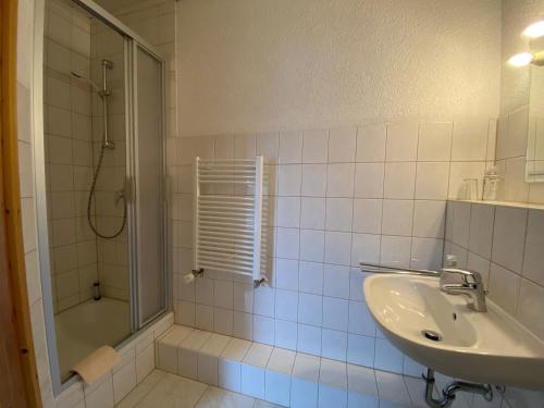 a white bathroom with a sink and a shower at RATAGS Kunsthandwerkerhaus in Langenwolmsdorf
