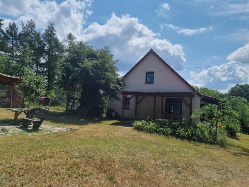 a house with a picnic table in the yard at Dom wakacyjny nad jeziorem Jodłów in Nowa Sól