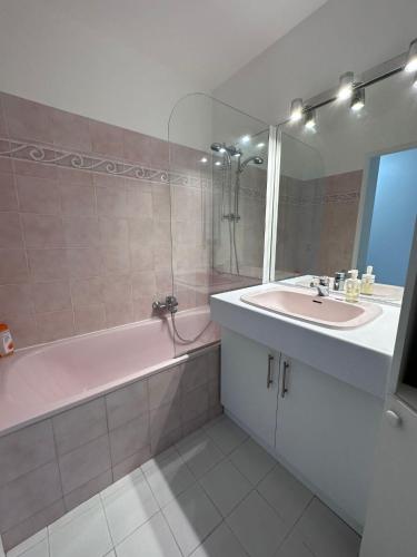 La salle de bains est pourvue d'une baignoire rose et d'un lavabo. dans l'établissement Studio Antibes Port Vauban., à Antibes
