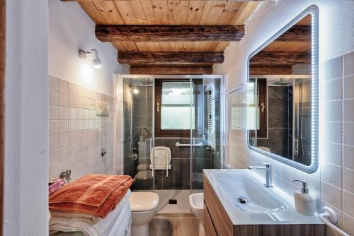 La salle de bains est pourvue d'un lavabo, de toilettes et d'un miroir. dans l'établissement Country house Viaro_150sqm, à Vanzo