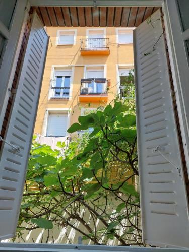 a window view of a building with a tree at N1 Casa de Madrid - greenpeace line in Madrid