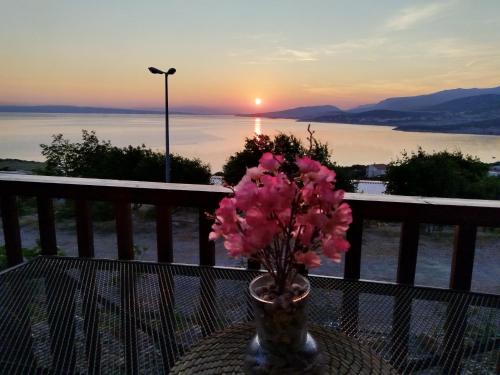 a vase with pink flowers sitting on a table with the sunset at Mobile home Relax in Klenovica
