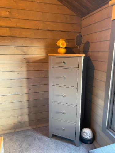 a dresser with a yellow flower on top of it at Daisy Cabin in Kincardine OʼNeil