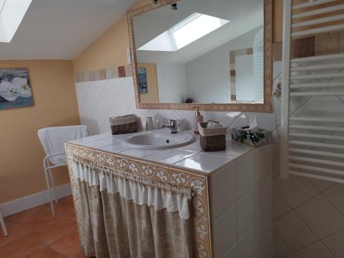 a bathroom with a sink and a mirror at Entre vignes et dentelles in Courthézon