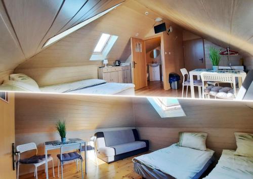 duas fotos de um quarto com duas camas numa casa em Villa Zosia em Rowy