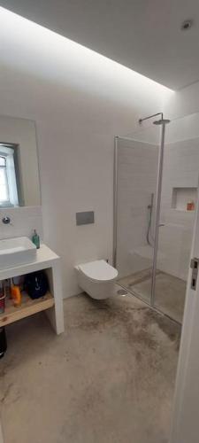 a white bathroom with a shower and a toilet at Casa d´Abela in Abela