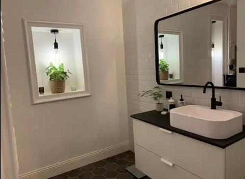 een badkamer met een witte wastafel en een spiegel bij Chambre à louer in Arnage