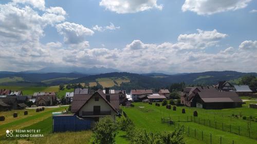 a village in a green field with mountains in the background at Apartamenty w Pieninach in Sromowce Wyżne