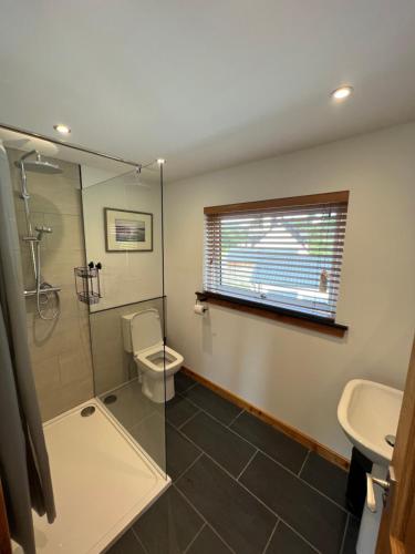 a bathroom with a shower and a toilet and a sink at Barty’s Bothy in Contin