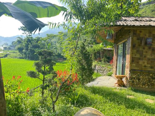 a house with a cat sitting outside of it at Sapa Bamboo Eco in Sa Pa