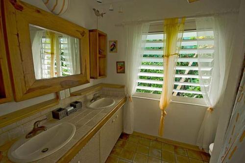 a bathroom with two sinks and a window at Ocean front villa, pool, private ocean snorkeling in Simpson Bay