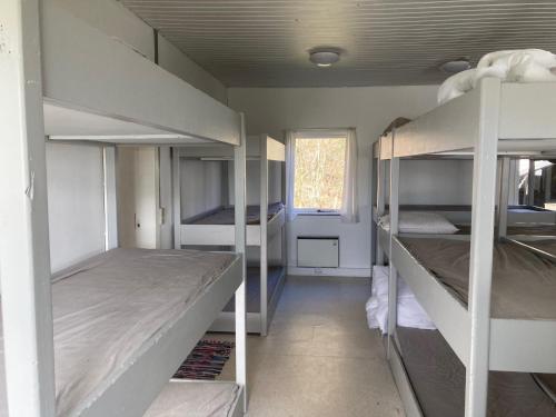 2 łóżka piętrowe w pokoju z oknem w obiekcie Skibstedborg - naturhytte i Thy w mieście Sønder Ydby
