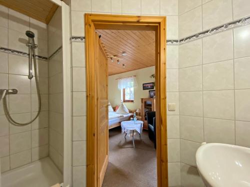 a bathroom with a shower and a tub and a sink at RATAGS Kunsthandwerkerhaus in Langenwolmsdorf
