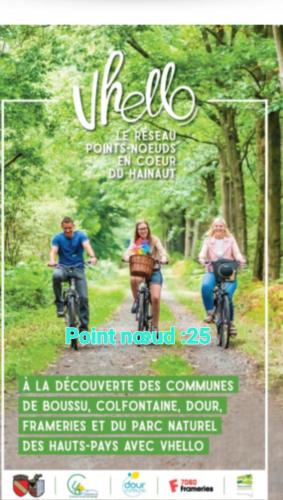 a flyer with three people riding bikes down a trail at La Maison De Marie in Binche