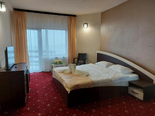 une chambre d'hôtel avec un lit et une télévision dans l'établissement HOTEL CARMINA, à Rânca