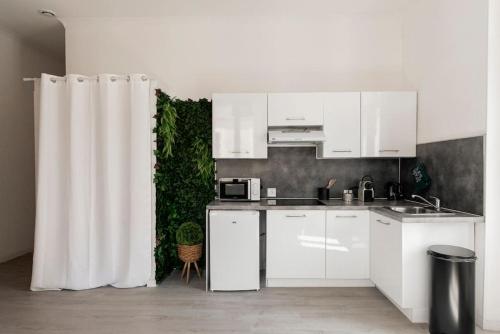 - une cuisine avec des placards blancs et un rideau de douche dans l'établissement Charmant Studio Arboré Et Climatisé, à Carcassonne
