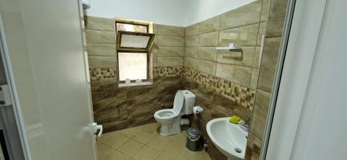 a small bathroom with a toilet and a sink at Bar-Restaurant-Hotel-Familja in Klos