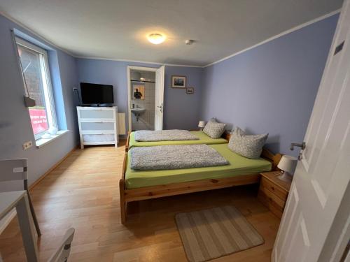 um pequeno quarto com 2 camas e uma televisão em Pension am Elberadweg - Rogätz 