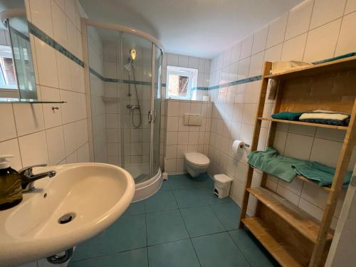een badkamer met een wastafel, een douche en een toilet bij Pension am Elberadweg - Rogätz 